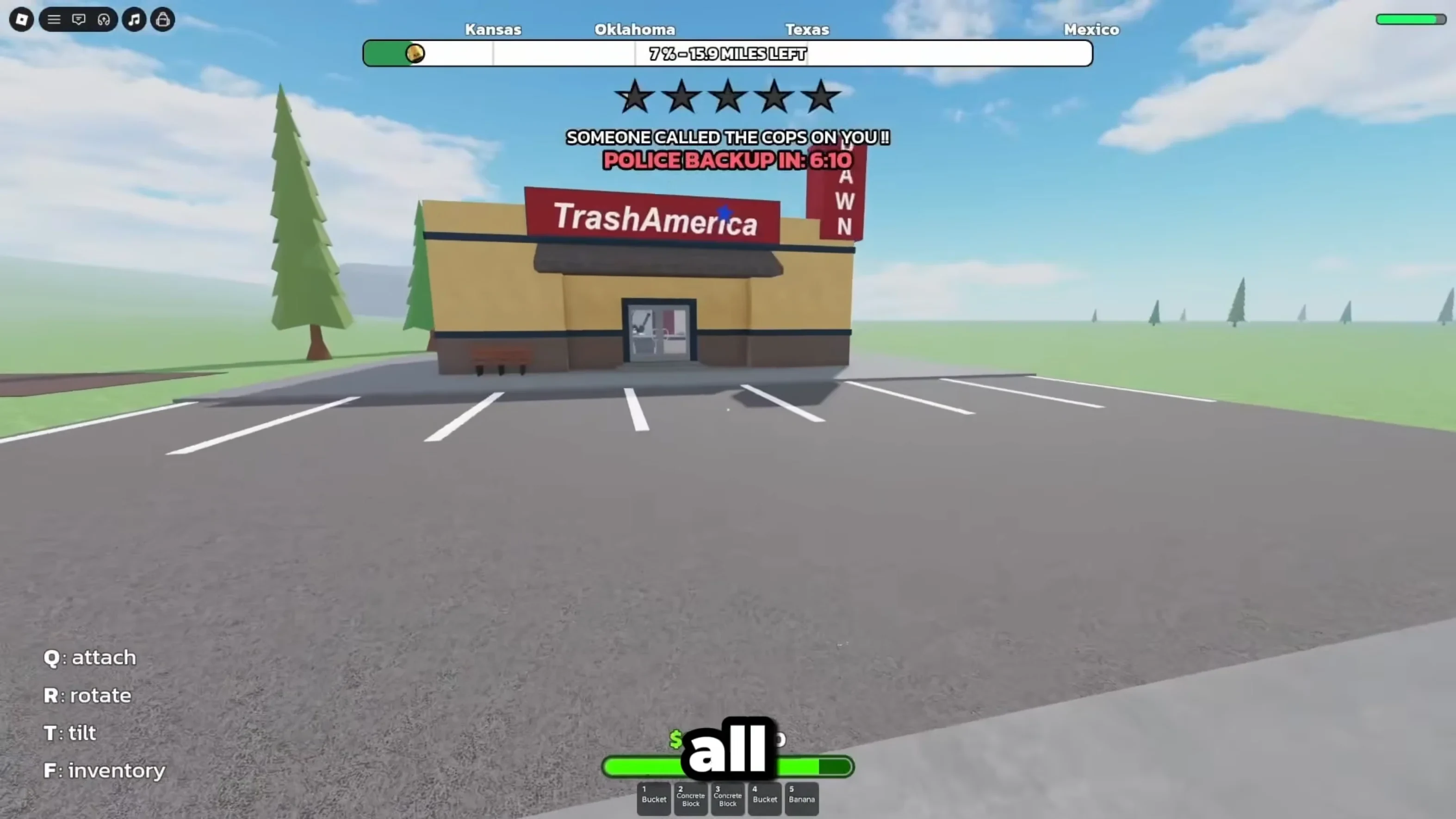 RUNAWAYS HUD facing the TrashAmerica Pawn storefront during a robbery run