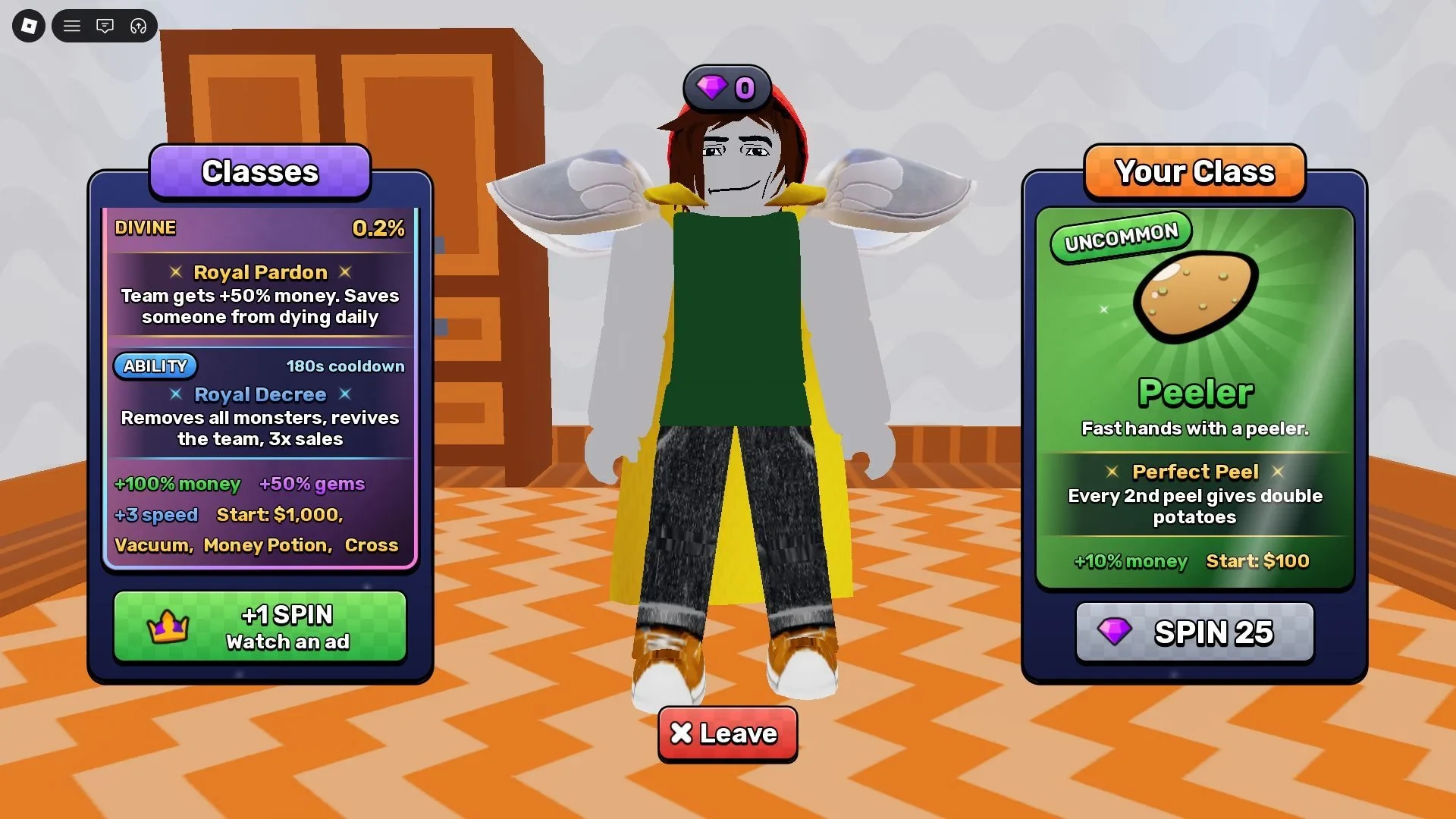 Sell Fries Classes menu showing Divine class details, a Peeler card, and the 25-Gem Spin button