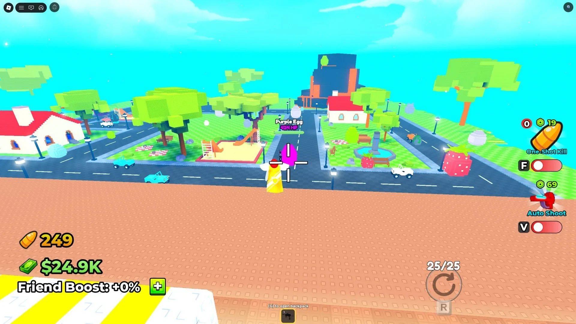 Roblox player aiming at a Purple Egg with its HP label visible