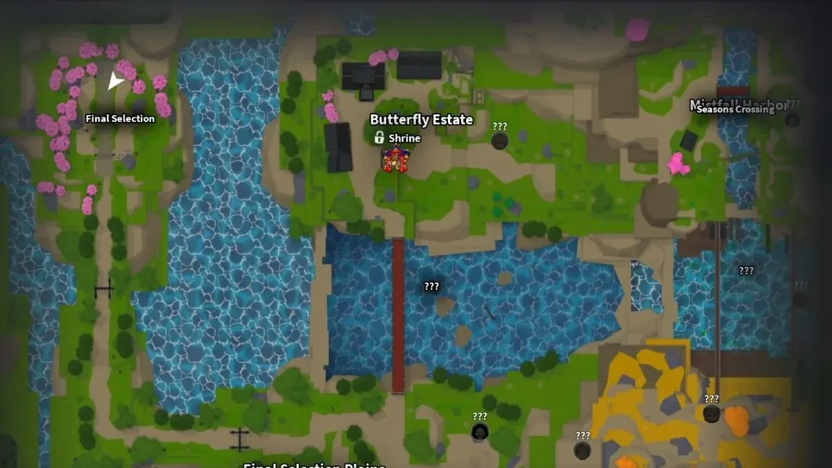 Slayers 2 map showing the Final Selection marker west of Butterfly Estate