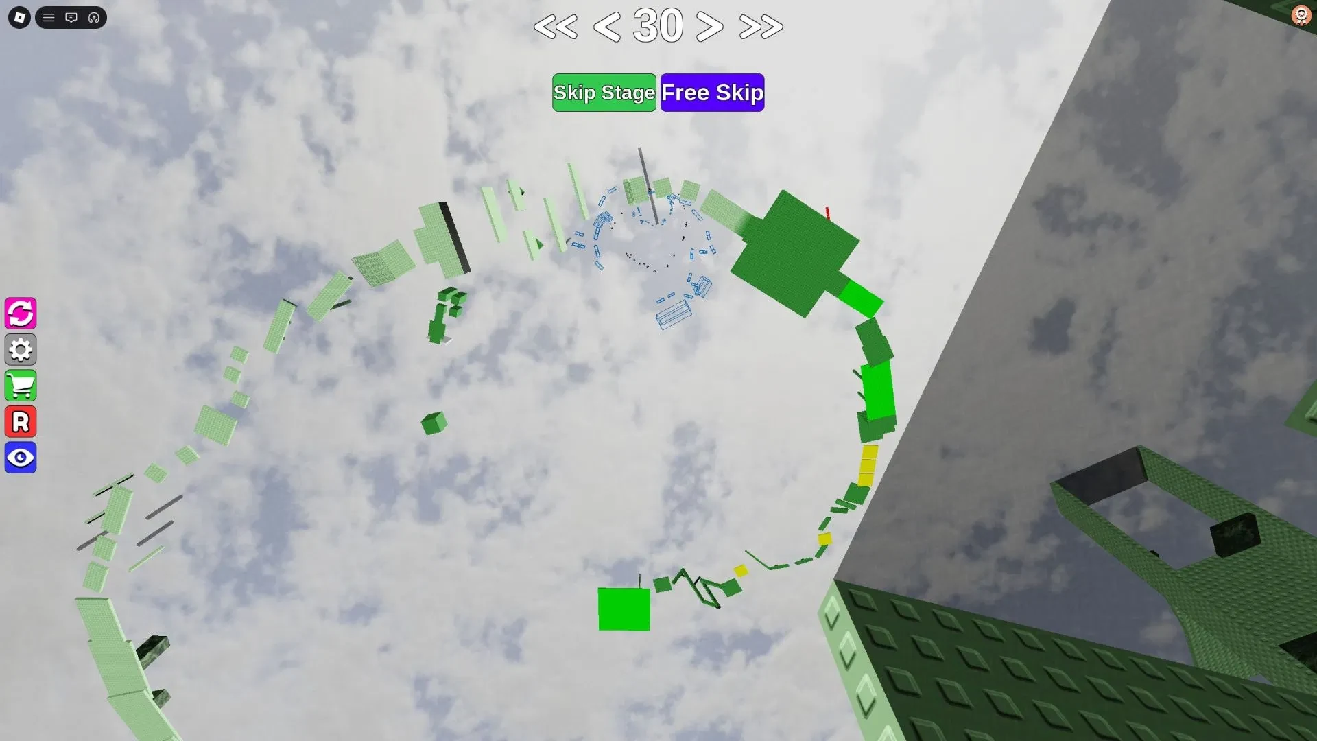 Spiral Difficulty Chart Obby stage 30 viewed from above, showing the vertical spiral path and green obstacles