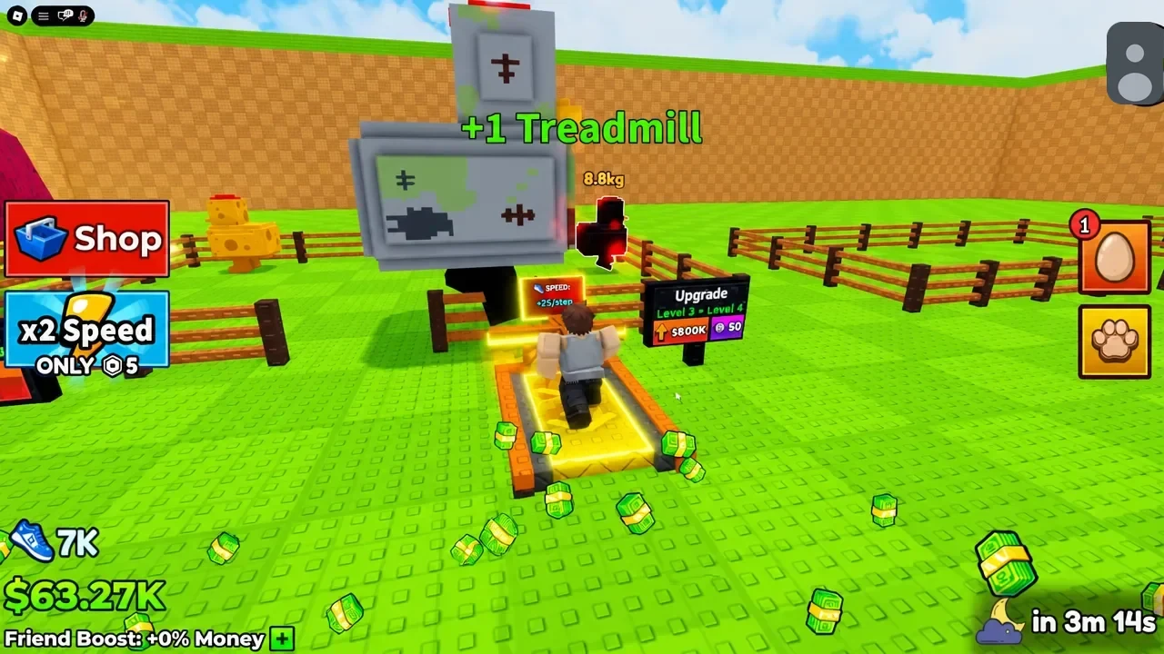 Player running on the base Treadmill beside the live Speed counter and upgrade board