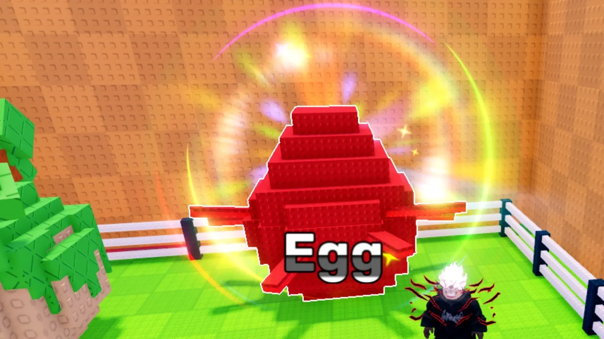 Red Egg hatching inside a fenced base pen in Steal An Egg