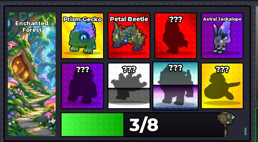 The Enchanted Forest pet index showing three discovered pets and five hidden slots
