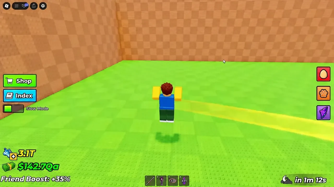 Steal An Egg avatar running across the map with the Slow Mode control visible