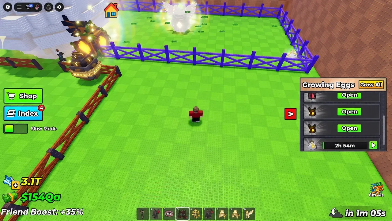 Steal An Egg Growing Eggs panel showing several Open buttons and Grow All