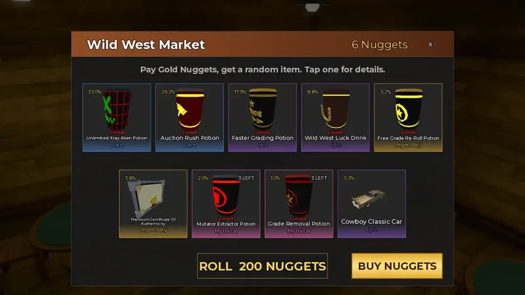 Wild West Market reward-roll panel showing the 200 Nugget button in Storage Hunters