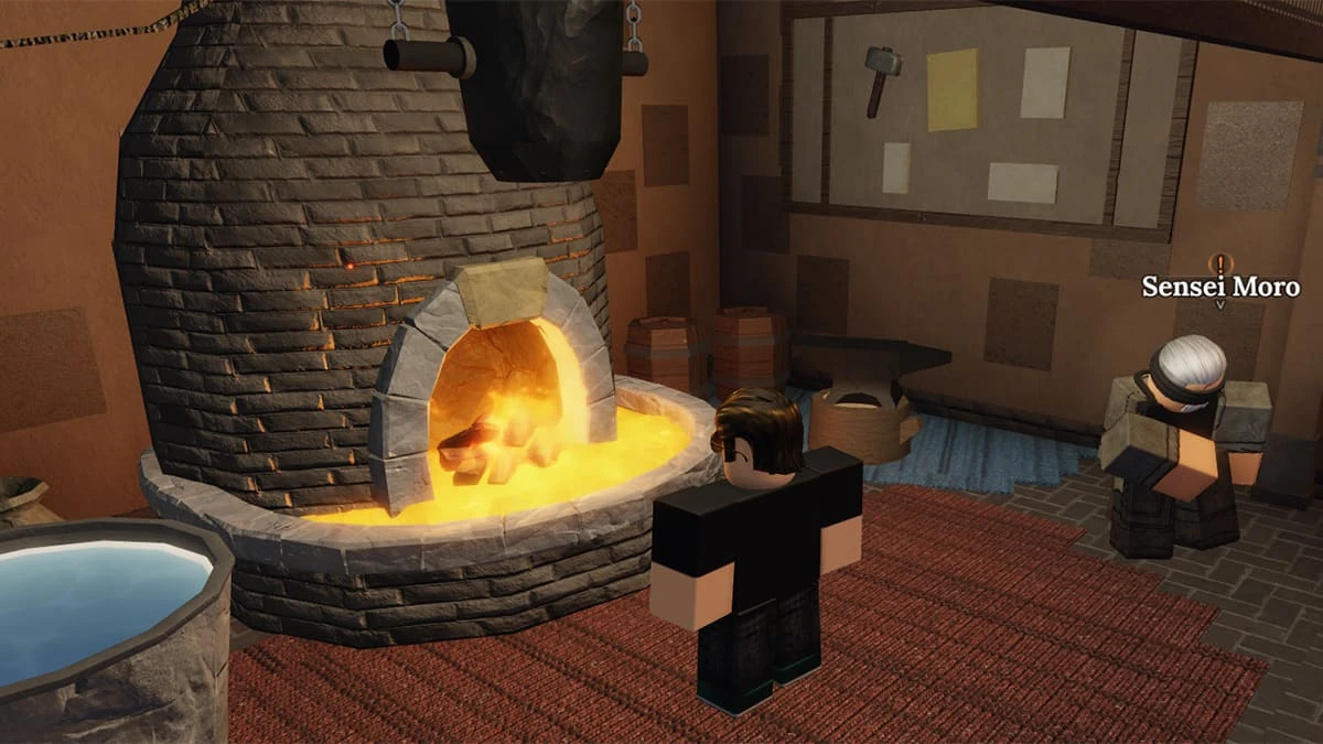 Image of the player in The Forge on Roblox, standing in front of the smithy, preparing to use recipes to craft the best armor in the game for early, mid, and late game.