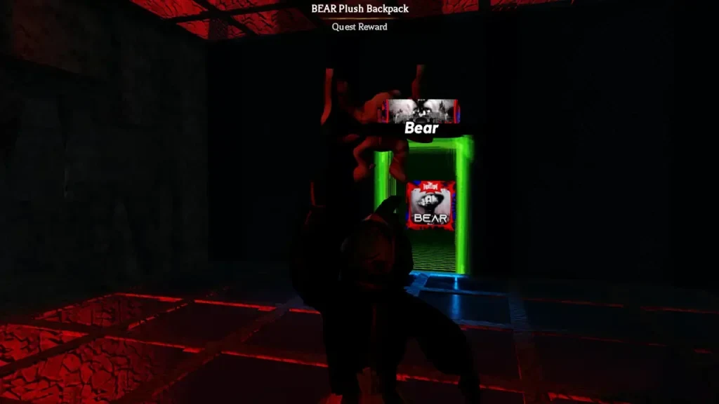 The BEAR Plush Backpack quest reward pedestal inside the secret room.