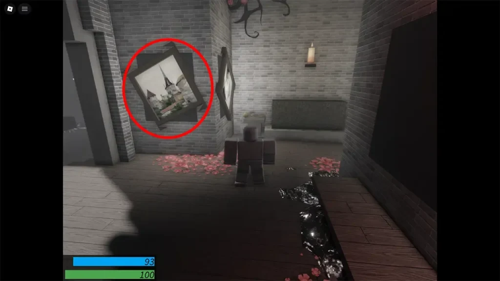 A tilted painting in the Yellow Trophy room that players must rotate.