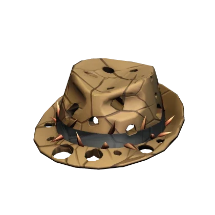 Biter Fedora, a worn tan hat with a black band, holes, and small spikes.