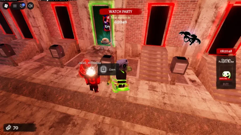 A Roblox avatar beside a reward pedestal in The Hollow hub, with the E Claim prompt visible.