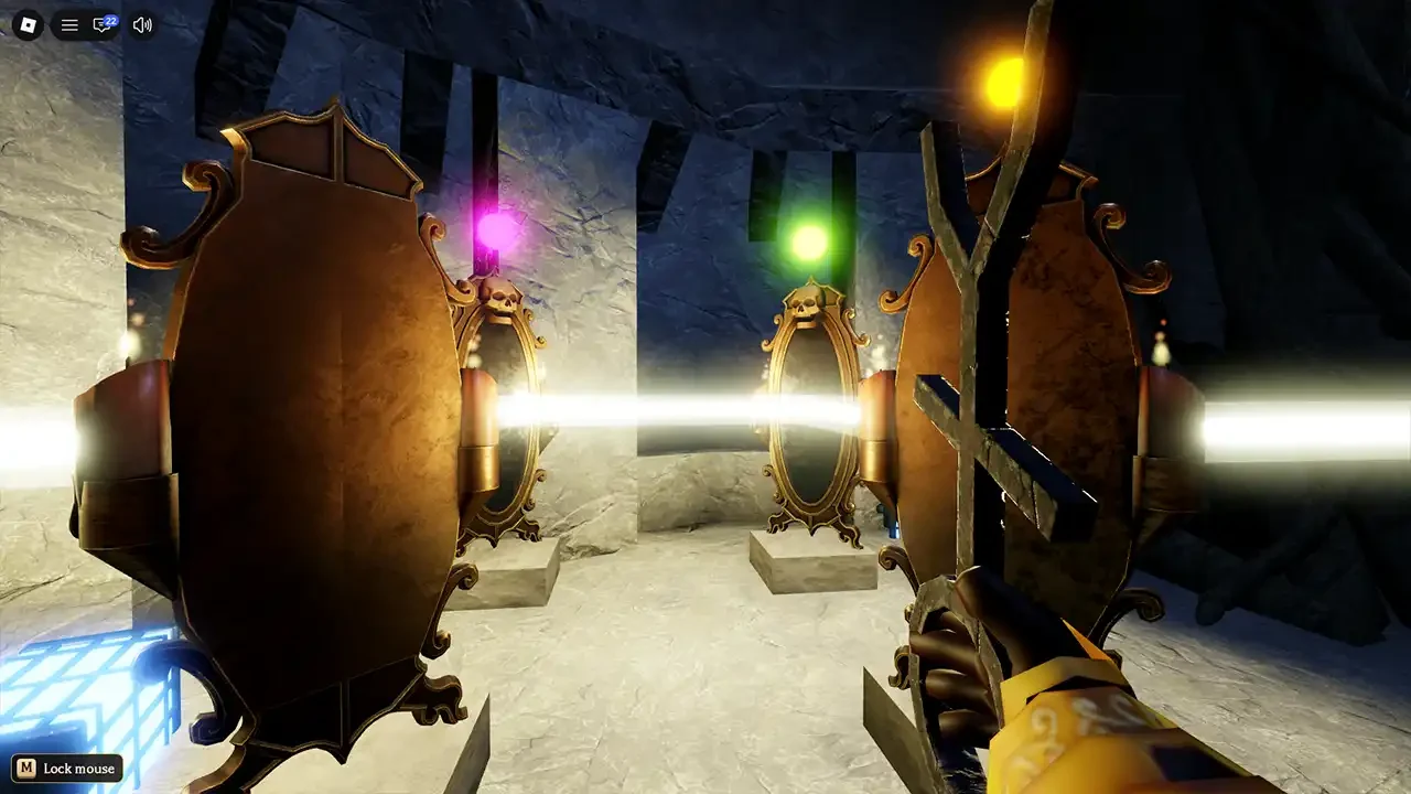A white beam passes between orange mirrors, with purple and green lights visible on nearby mirrors.