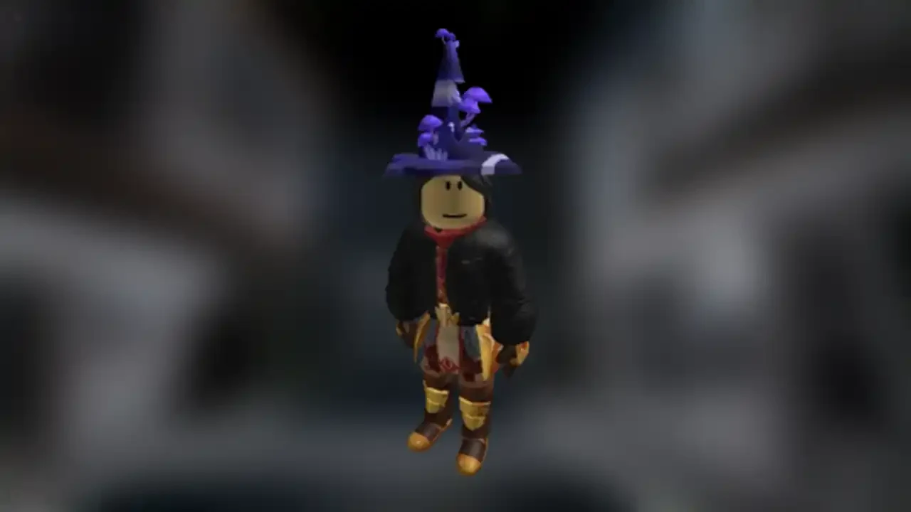 A Roblox avatar wearing the purple mushroom-covered Spore-Worn Traffic Cone head accessory.