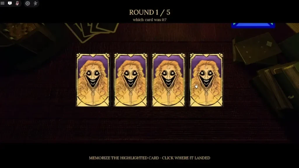 The Mimic's Card Relic puzzle shows four cards and the Round 1/5 counter.