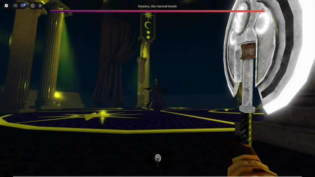The player faces Dimitra, the Cursed Oracle, with an axe equipped and the boss health bar visible.