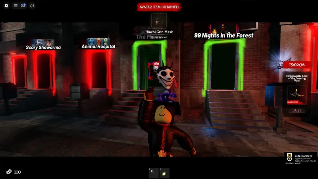 The Hollow hub shows the Hiachi Grin Mask reward obtained and its badge notification.