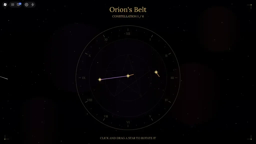 The Mimic's Stars Relic puzzle displays Orion's Belt with a constellation outline.