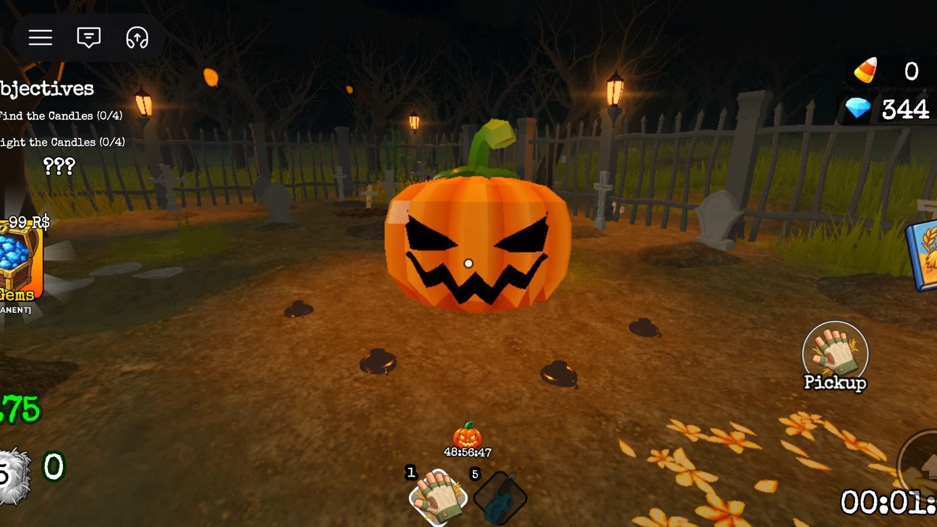 Graveyard gameplay view with a large pumpkin, four candle holders, and objectives to find and light four candles.