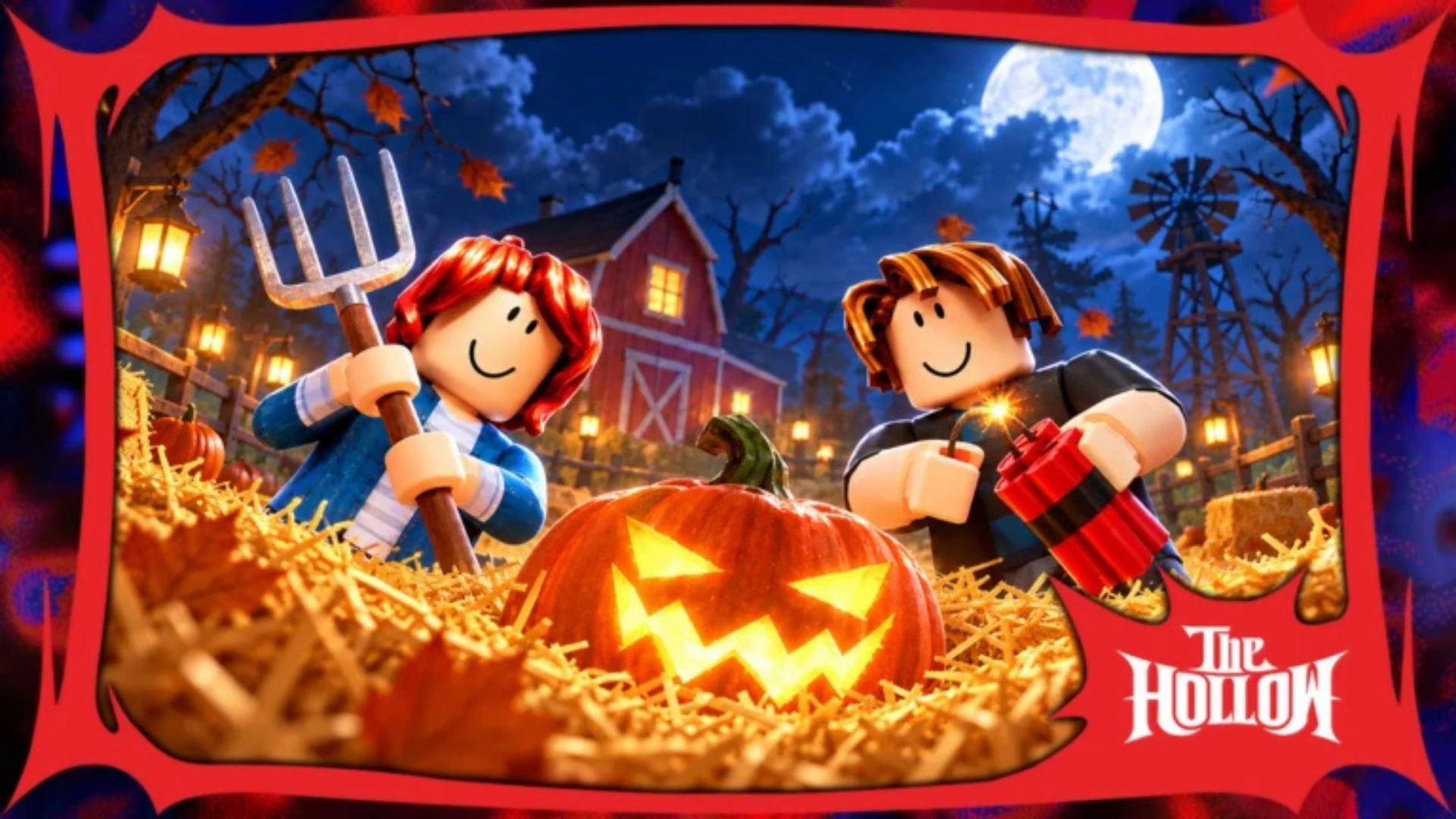 The Hollow game banner showing two Roblox avatars with tools in a hay field beside a glowing jack-o'-lantern.