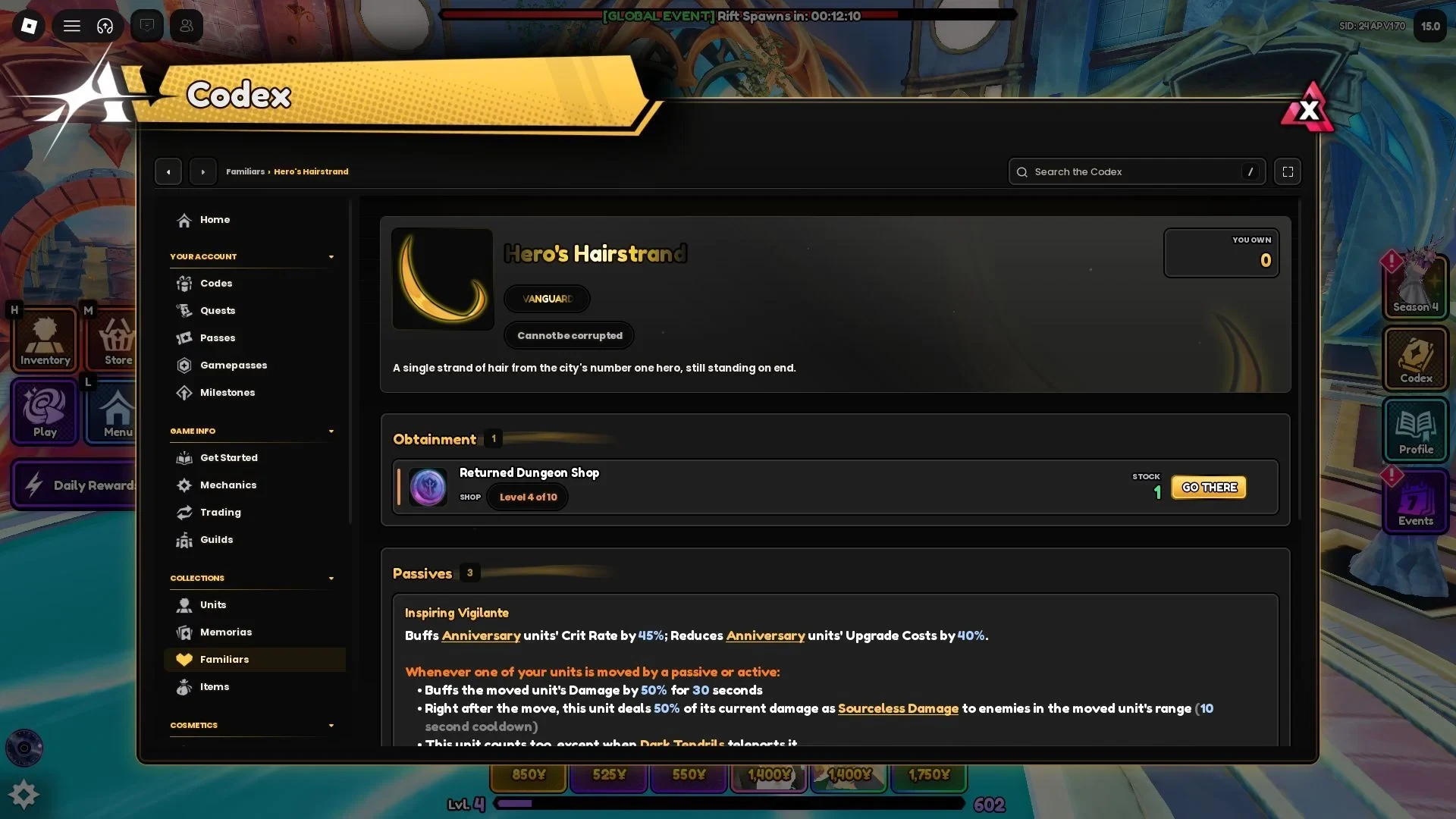 In-game Codex page for Hero’s Hairstrand showing its Familiar icon, shop listing and Inspiring Vigilante passive details