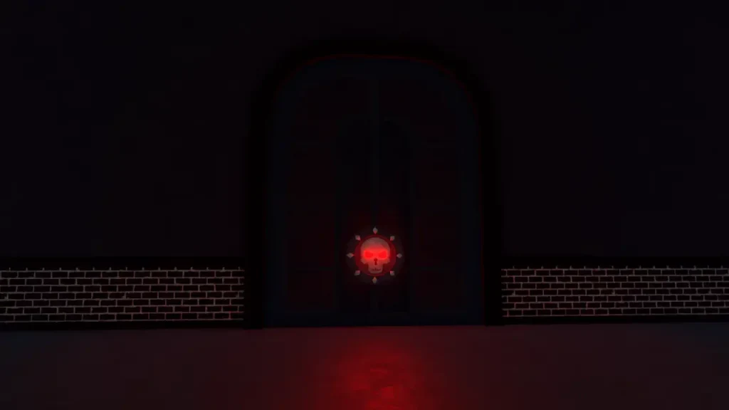 A dark basement doorway marked with a red skull symbol.