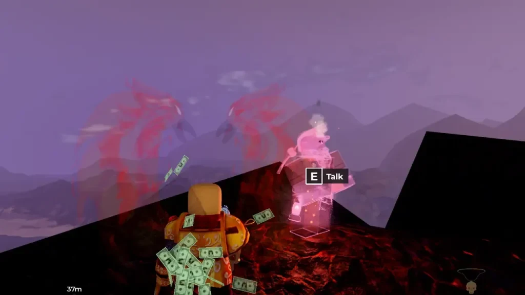 A pink ghost with an E Talk prompt at the rocky volcano summit.