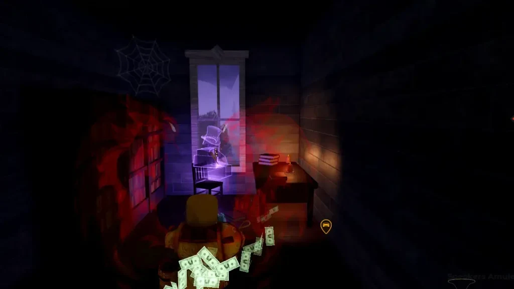 A purple ghost standing inside a dark upstairs room beside a window.