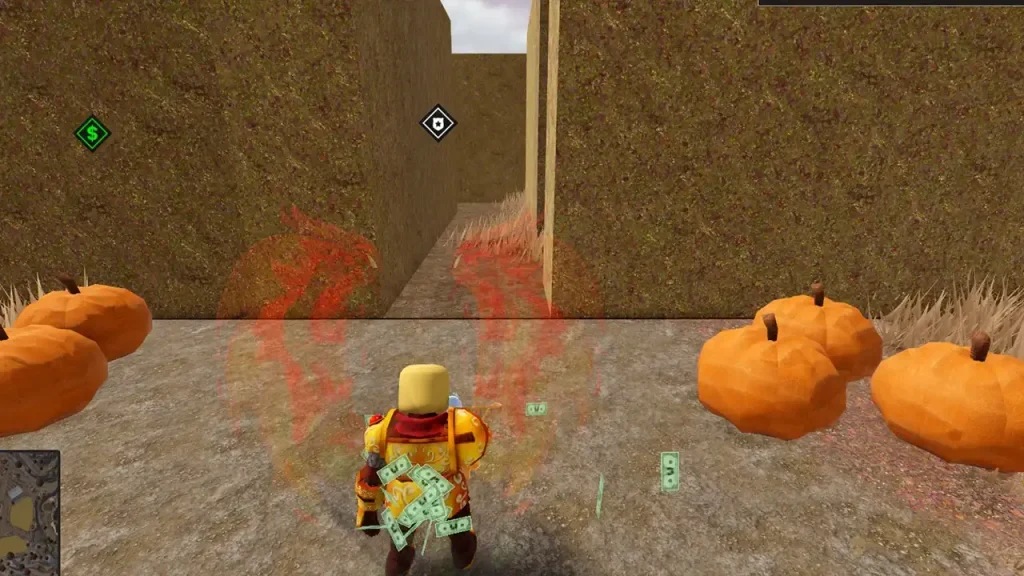 A player standing at the pumpkin-lined entrance to the Corn Maze.