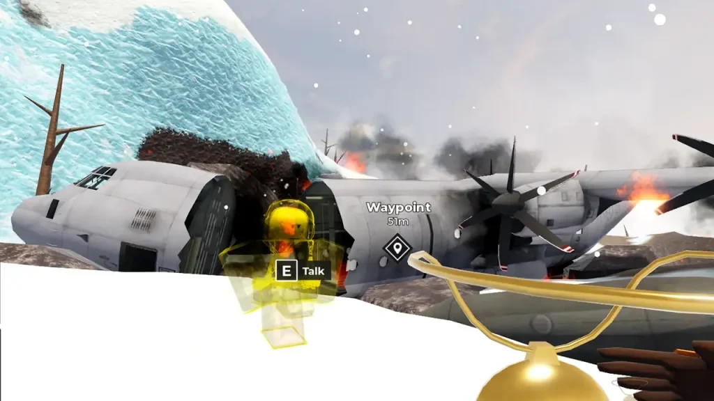 A glowing yellow ghost with an E Talk prompt beside a crashed plane.
