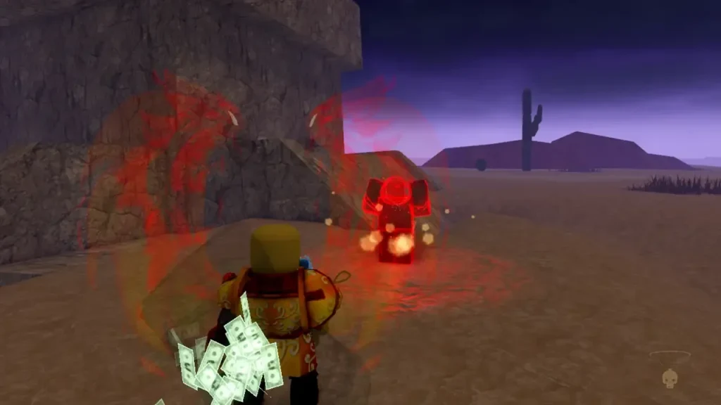 A player facing the red, glowing Pyramid Ghost in a rocky desert area.