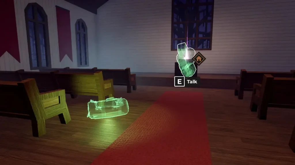 A spectral church ghost with an E Talk prompt inside the church.