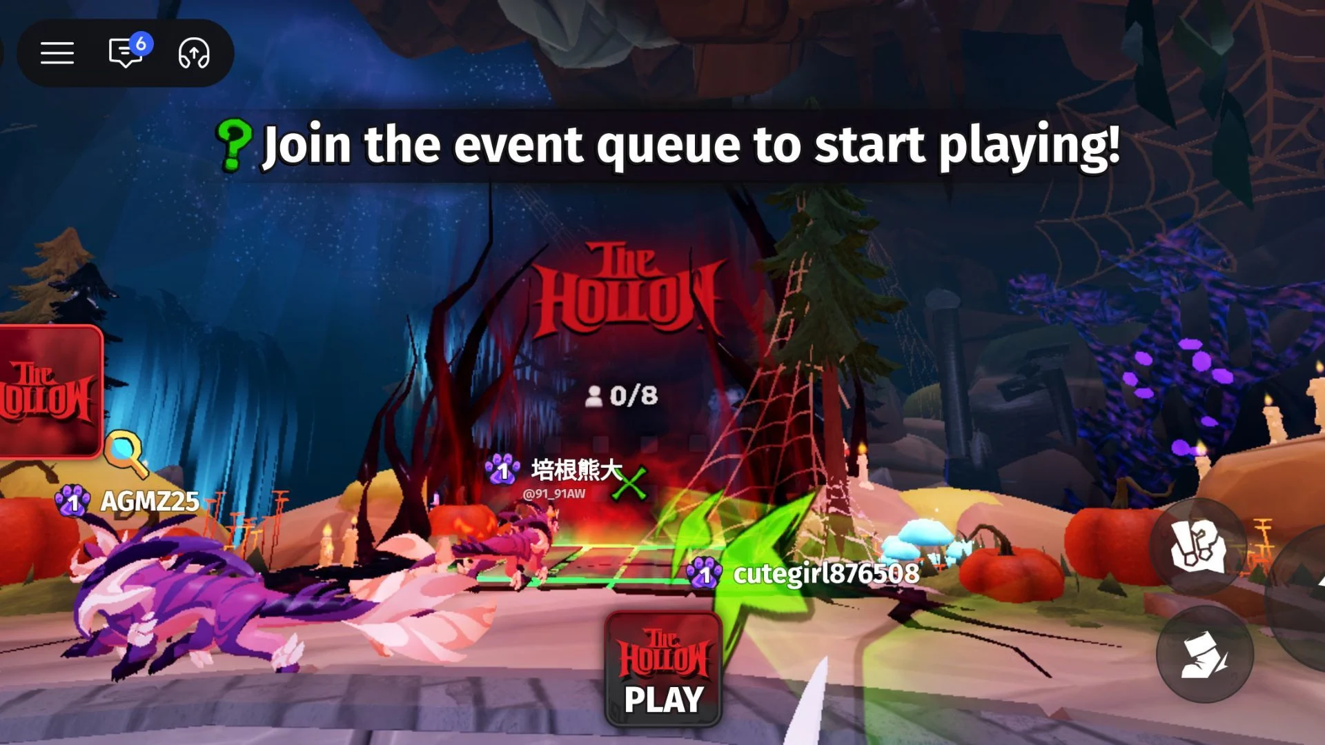 The Hollow portal for WARDEN shows a prompt to join the event queue, with 0 of 8 players in the queue.