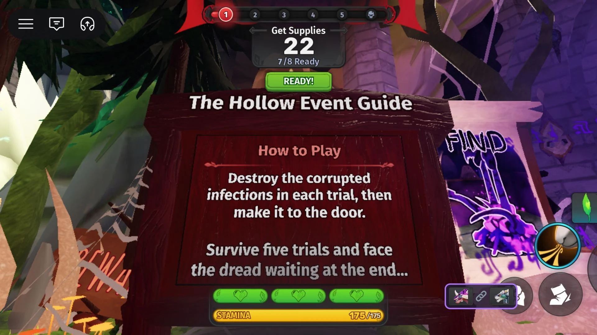 The WARDEN event board says to destroy infections, reach the door, and survive five trials.