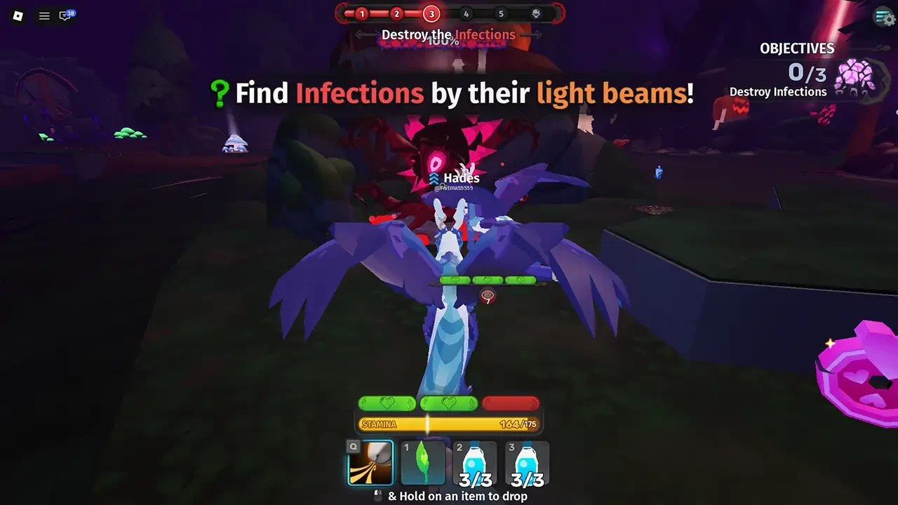 A WARDEN trial prompt tells players to find infections by their light beams, with a destroy-infections objective on screen.