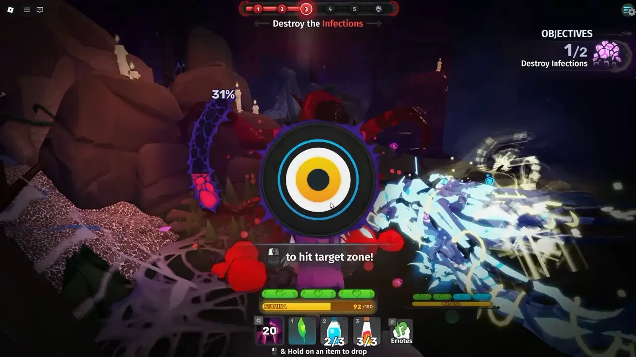 A circular target-zone timing minigame appears during WARDEN's infection objective.