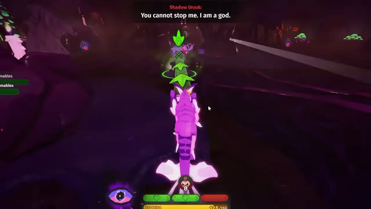 A WARDEN player aims a green claw pickup toward Shadow Urzuk during the boss encounter.