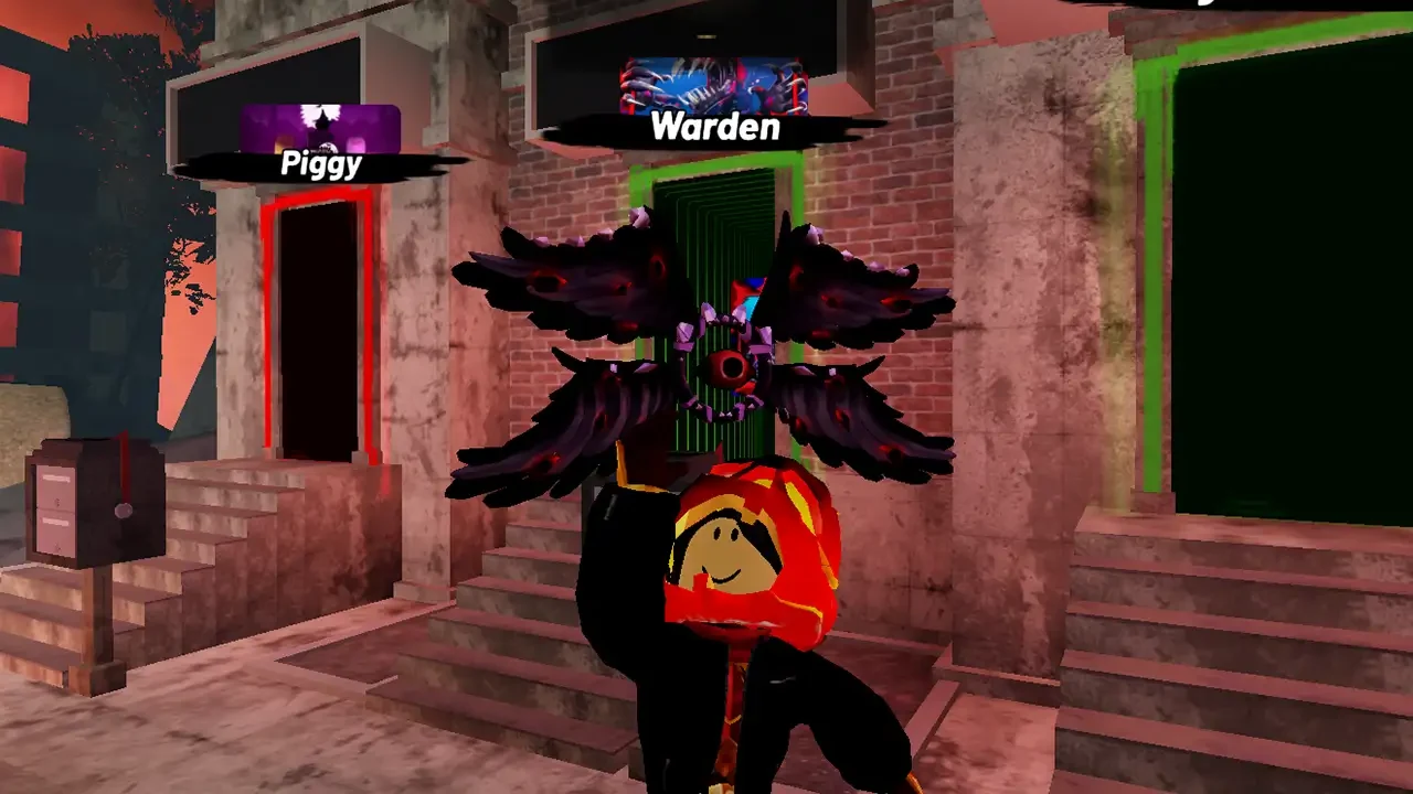 An avatar wears black and red Wings of Corrupted Jerry in front of the WARDEN portal display in The Hollow.